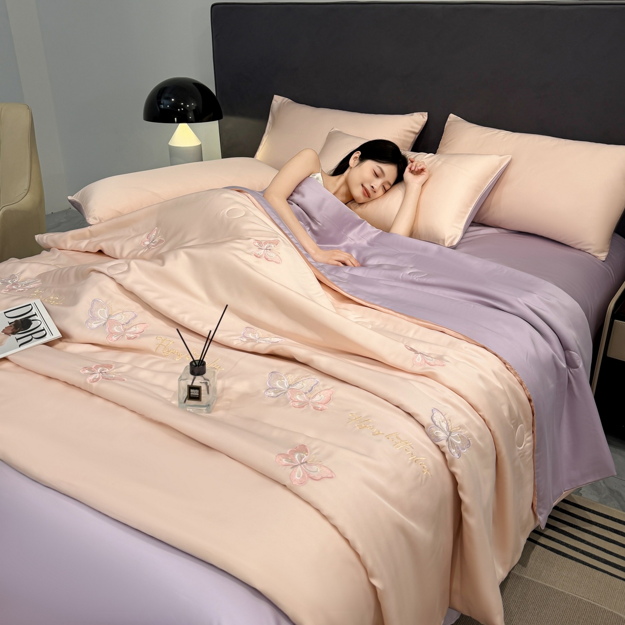 恒畅 2026新款满绣水洗冰丝夏被夏被四件套 粉紫蝶语-粉紫