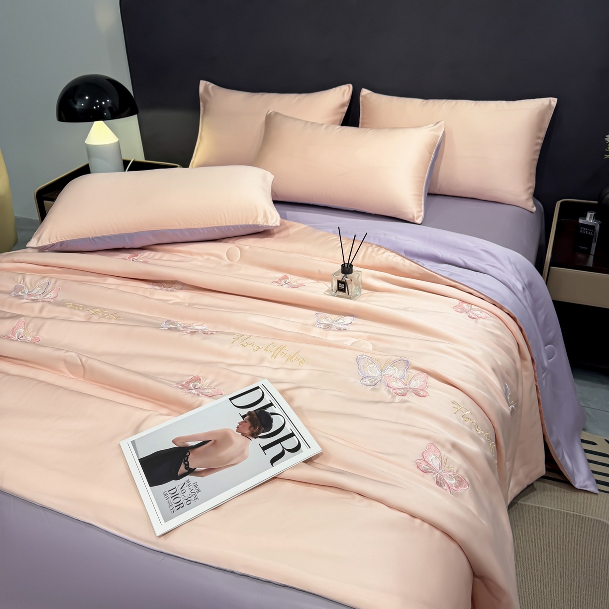 91家纺网 家纺一手货源 找家纺 恒畅 2026新款满绣水洗冰丝夏被夏被四件套 粉紫蝶语-粉紫