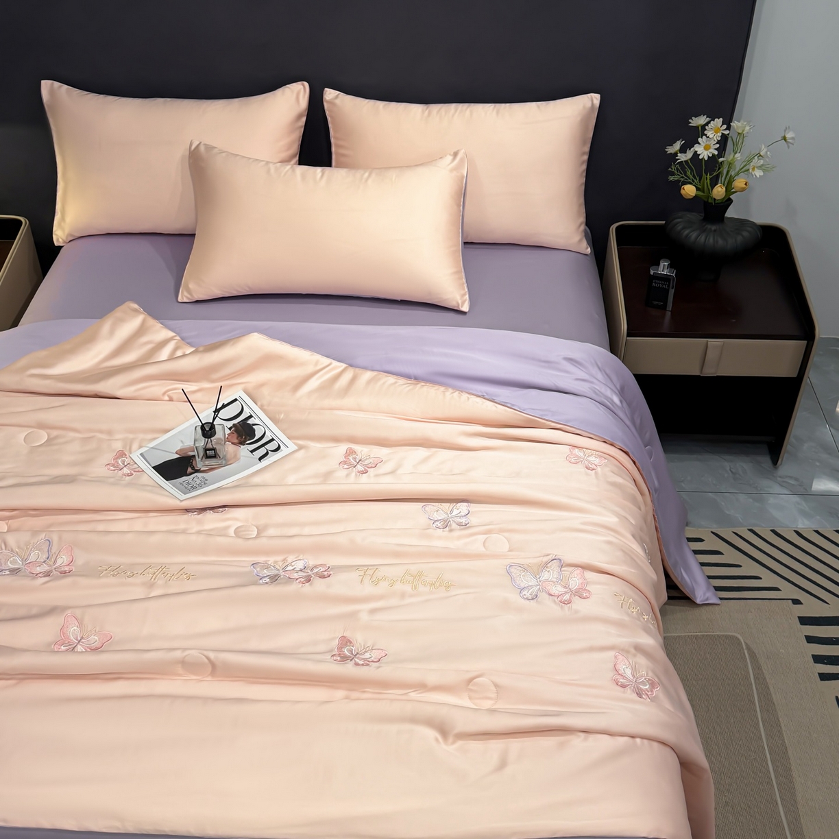 91家纺网 家纺一手货源 找家纺 恒畅 2026新款满绣水洗冰丝夏被夏被四件套 粉紫蝶语-粉紫