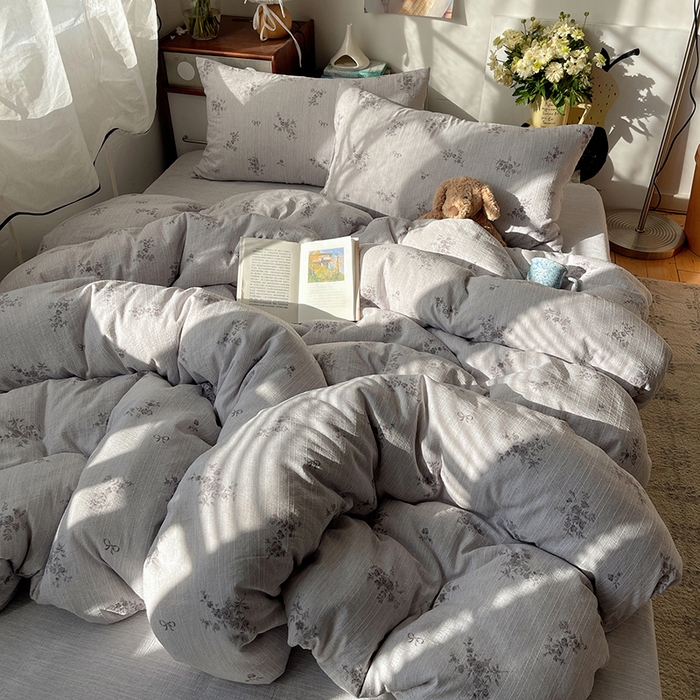 91家纺网 家纺一手货源 找家纺 凯洛奇 2026新款色织麻水洗提花四件套-提供买家秀 灰雾花栖