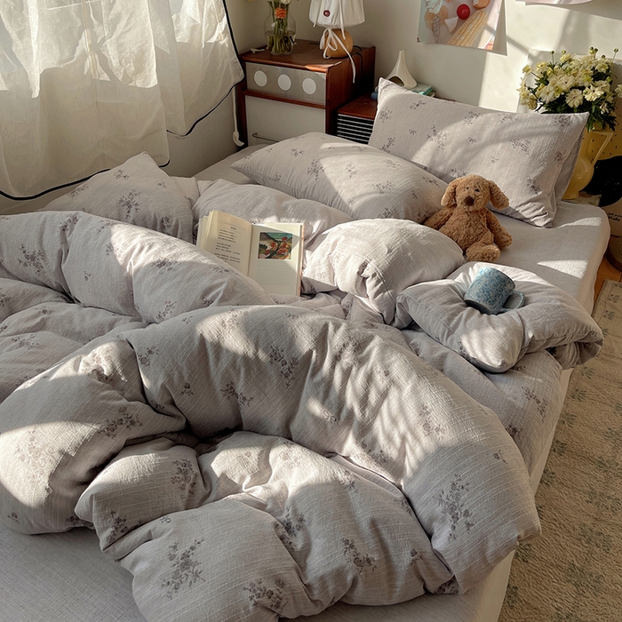 91家纺网 家纺一手货源 找家纺 凯洛奇 2026新款色织麻水洗提花四件套-提供买家秀 灰雾花栖