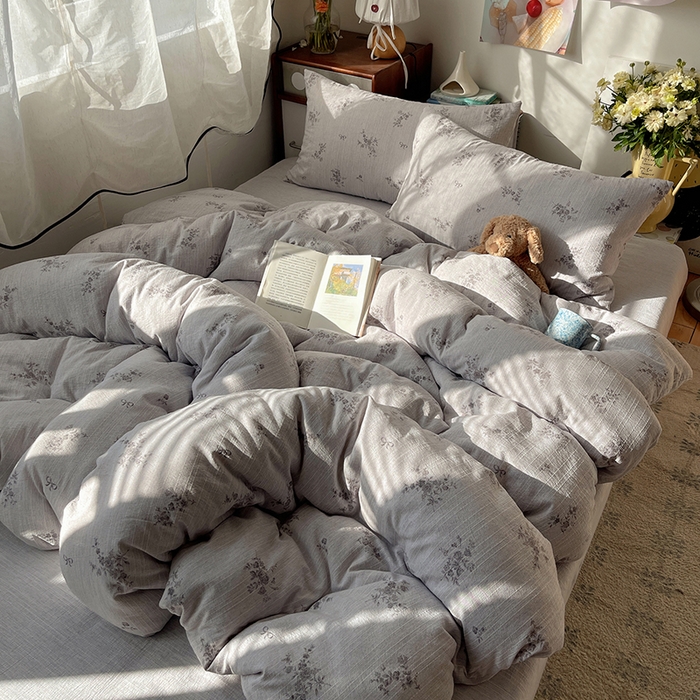 91家纺网 家纺一手货源 找家纺 凯洛奇 2026新款色织麻水洗提花四件套-提供买家秀 灰雾花栖