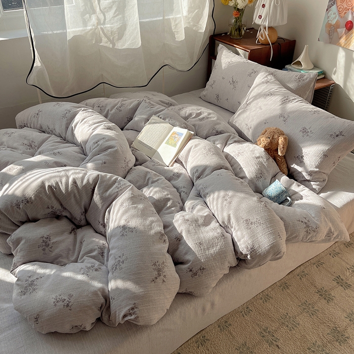 91家纺网 家纺一手货源 找家纺 凯洛奇 2026新款色织麻水洗提花四件套-提供买家秀 灰雾花栖