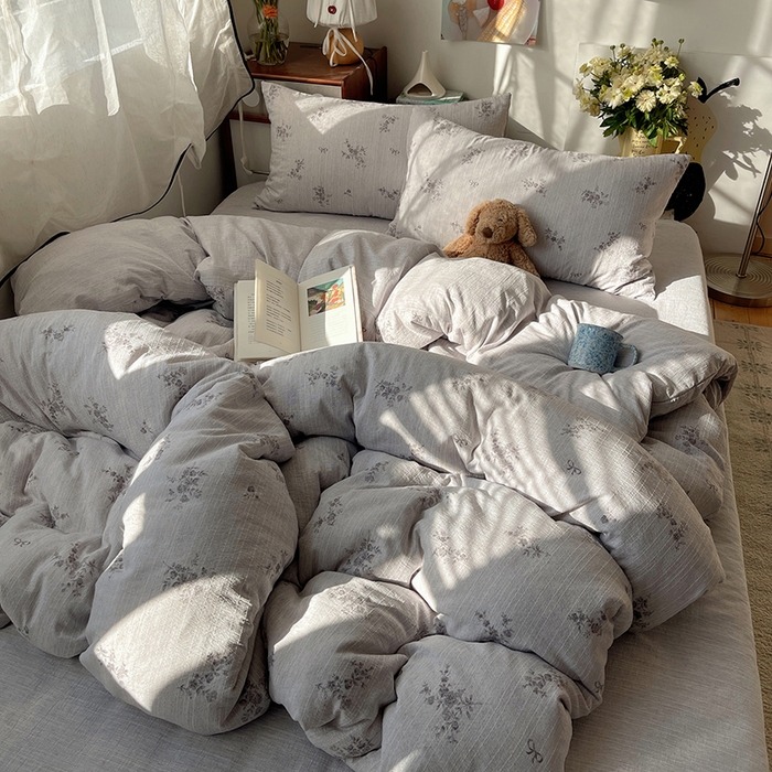 91家纺网 家纺一手货源 找家纺 凯洛奇 2026新款色织麻水洗提花四件套-提供买家秀 灰雾花栖