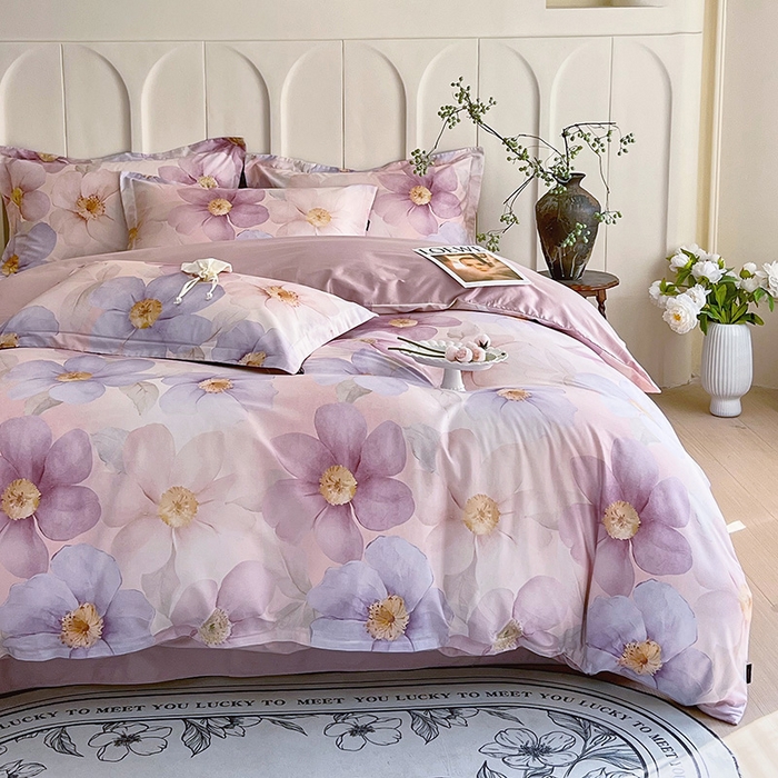 91家纺网 家纺一手货源 找家纺 梧桐树 2026新款全棉纯棉长绒棉数码印花系列四件套 S28雅韵-紫