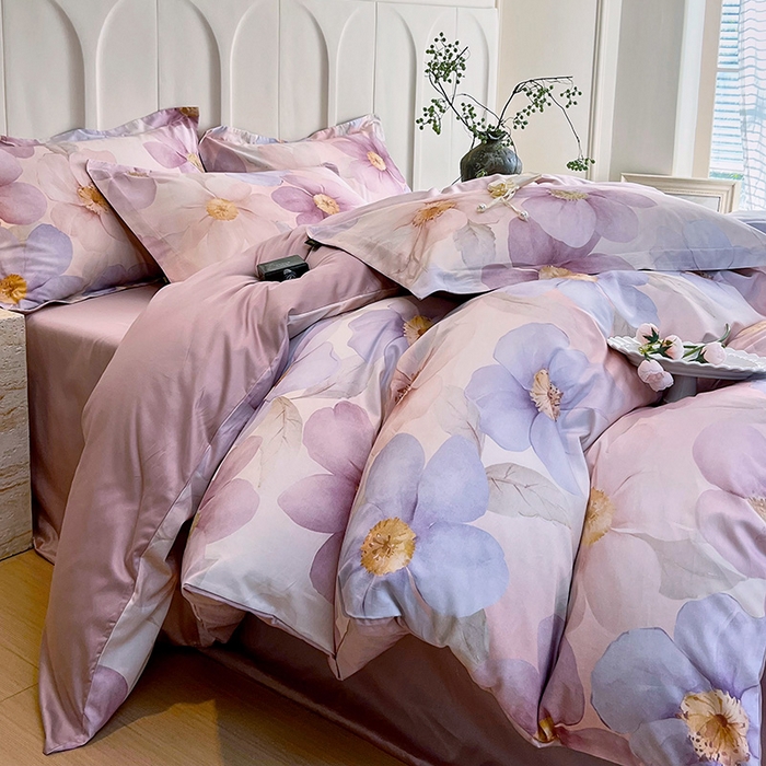 91家纺网 家纺一手货源 找家纺 梧桐树 2026新款全棉纯棉长绒棉数码印花系列四件套 S28雅韵-紫