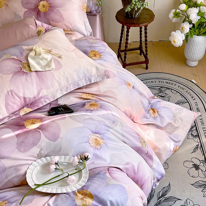 91家纺网 家纺一手货源 找家纺 梧桐树 2026新款全棉纯棉长绒棉数码印花系列四件套 S28雅韵-紫