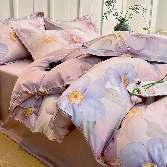 91家纺网 家纺一手货源 找家纺 梧桐树 2026新款全棉纯棉长绒棉数码印花系列四件套 S28雅韵-紫