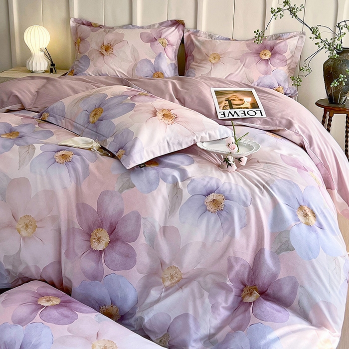 91家纺网 家纺一手货源 找家纺 梧桐树 2026新款全棉纯棉长绒棉数码印花系列四件套 S28雅韵-紫