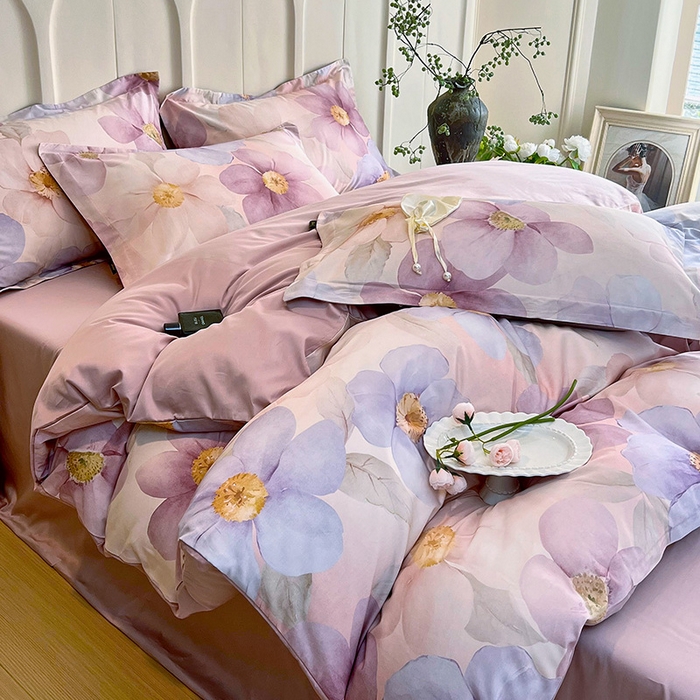 91家纺网 家纺一手货源 找家纺 梧桐树 2026新款全棉纯棉长绒棉数码印花系列四件套 S28雅韵-紫