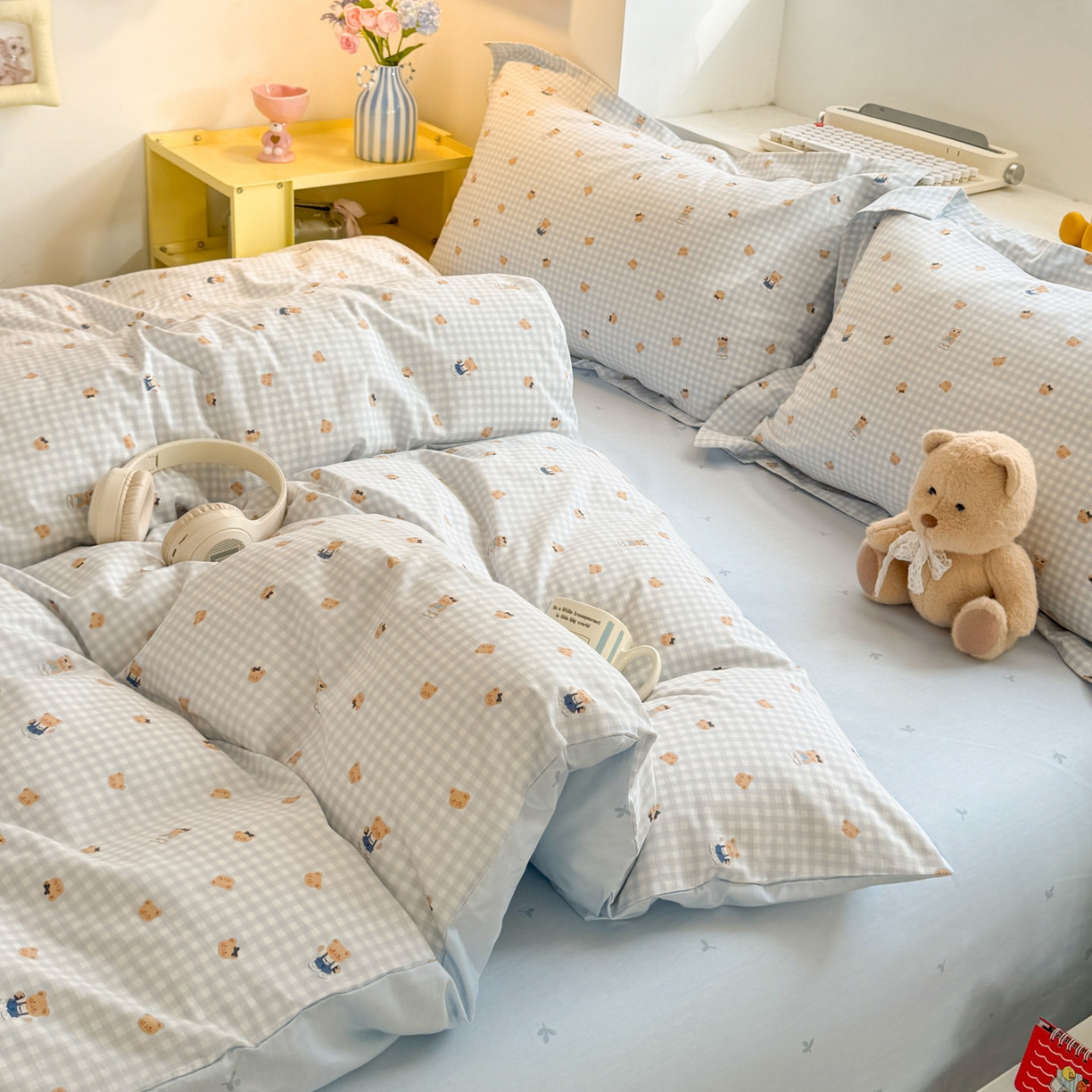 91家纺网 家纺一手货源 找家纺 景眠 2026新款全棉13372小清新简单款四件套 格子熊-蓝