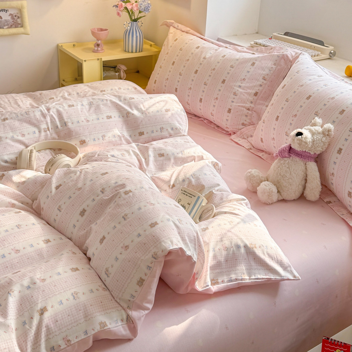 91家纺网 家纺一手货源 找家纺 景眠 2026新款全棉13372小清新简单款四件套 蝴蝶结熊