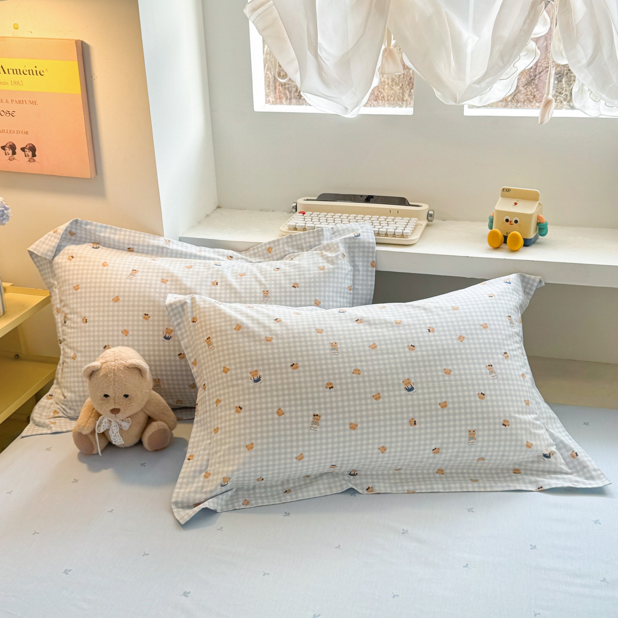 91家纺网 家纺一手货源 找家纺 景眠 2026新款全棉13372小清新简单款四件套 格子熊-蓝