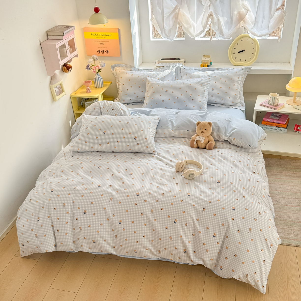 91家纺网 家纺一手货源 找家纺 景眠 2026新款全棉13372小清新简单款四件套 格子熊-蓝