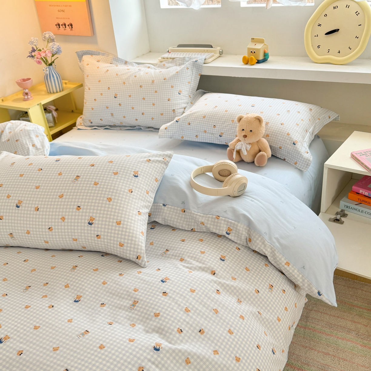 91家纺网 家纺一手货源 找家纺 景眠 2026新款全棉13372小清新简单款四件套 格子熊-蓝