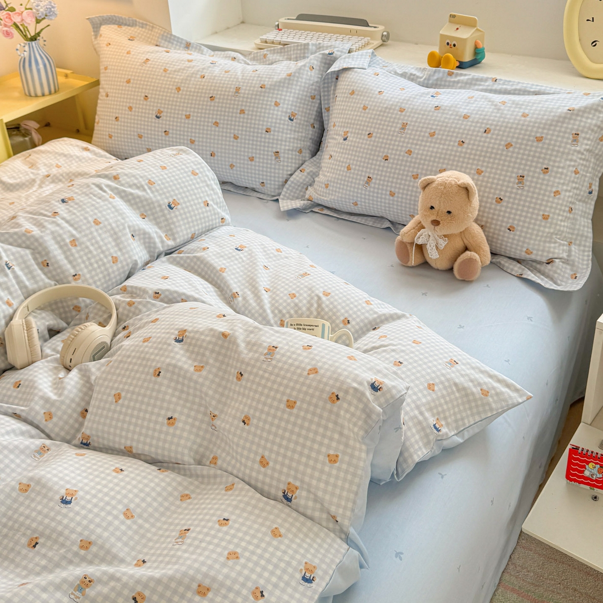 91家纺网 家纺一手货源 找家纺 景眠 2026新款全棉13372小清新简单款四件套 格子熊-蓝