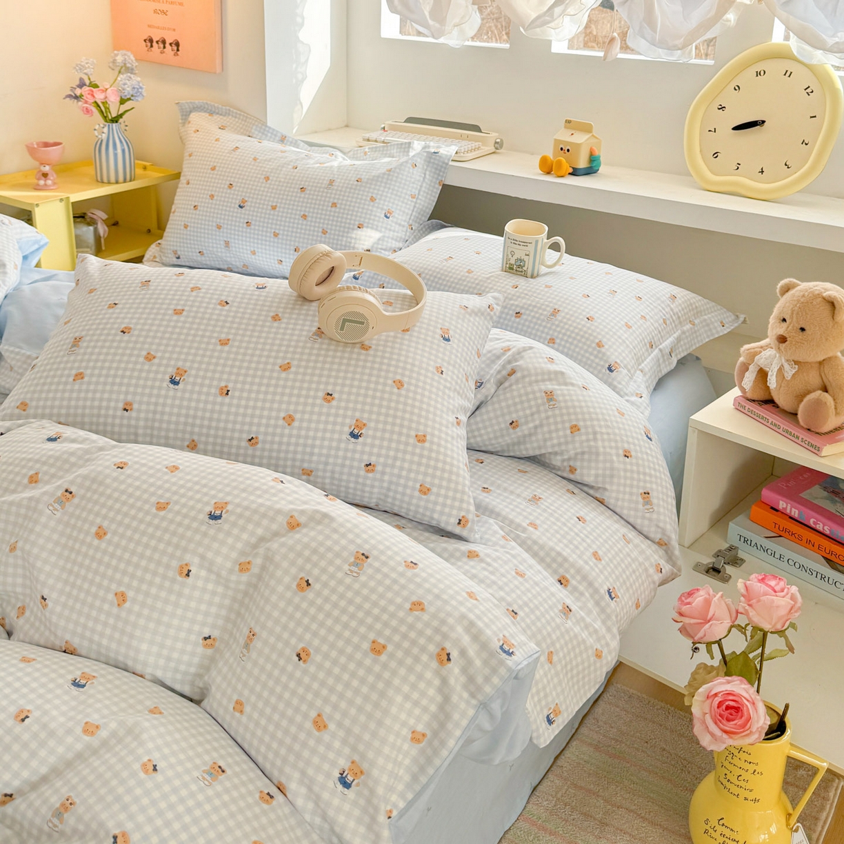91家纺网 家纺一手货源 找家纺 景眠 2026新款全棉13372小清新简单款四件套 格子熊-蓝