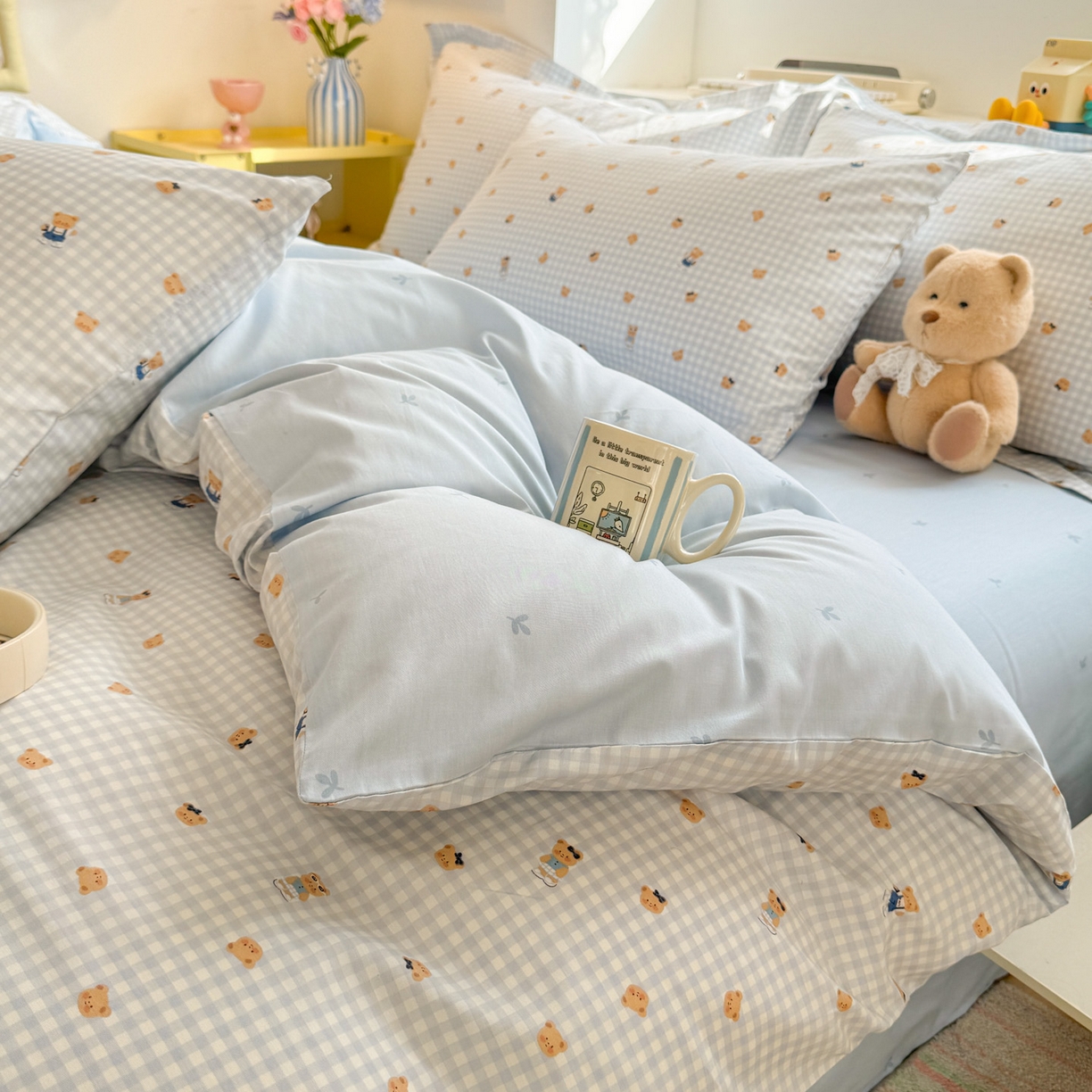 91家纺网 家纺一手货源 找家纺 景眠 2026新款全棉13372小清新简单款四件套 格子熊-蓝