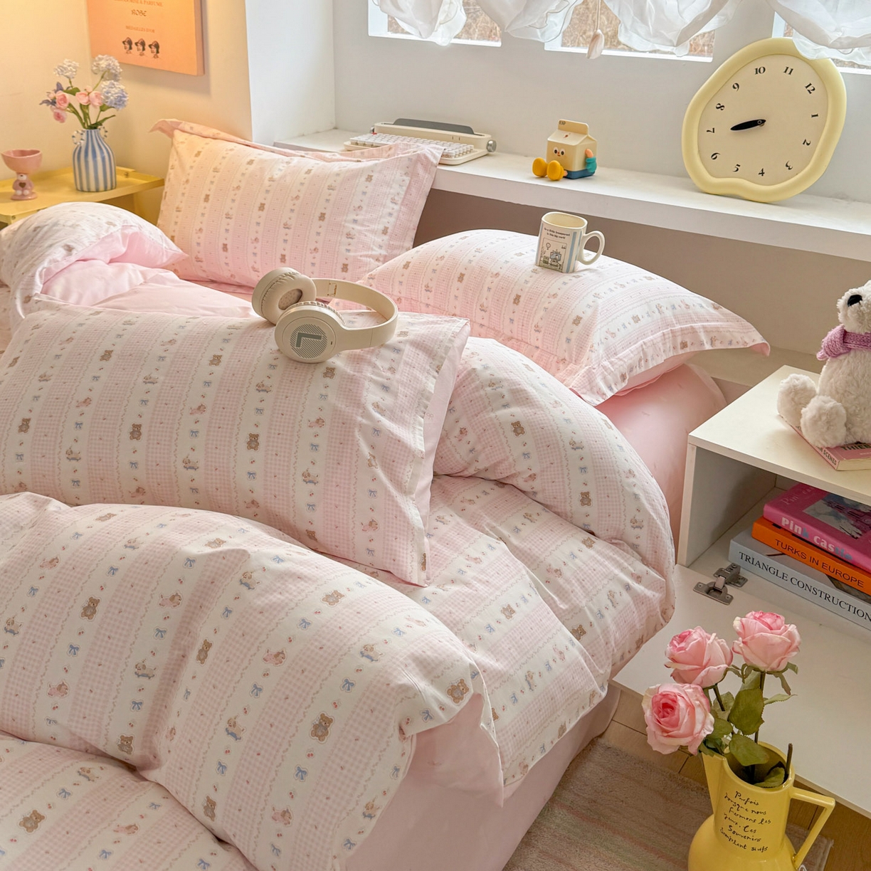 91家纺网 家纺一手货源 找家纺 景眠 2026新款全棉13372小清新简单款四件套 蝴蝶结熊