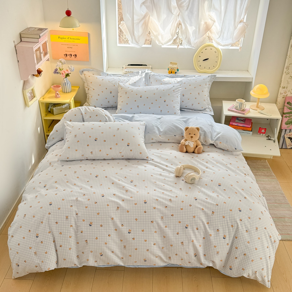 91家纺网 家纺一手货源 找家纺 景眠 2026新款全棉13372小清新简单款四件套 格子熊-蓝