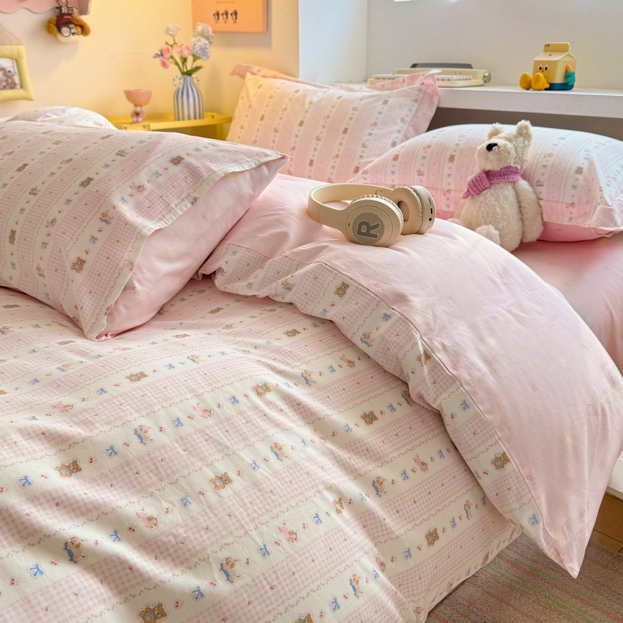 91家纺网 家纺一手货源 找家纺 景眠 2026新款全棉13372小清新简单款四件套 蝴蝶结熊