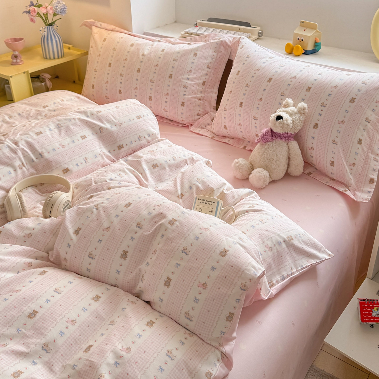 91家纺网 家纺一手货源 找家纺 景眠 2026新款全棉13372小清新简单款四件套 蝴蝶结熊