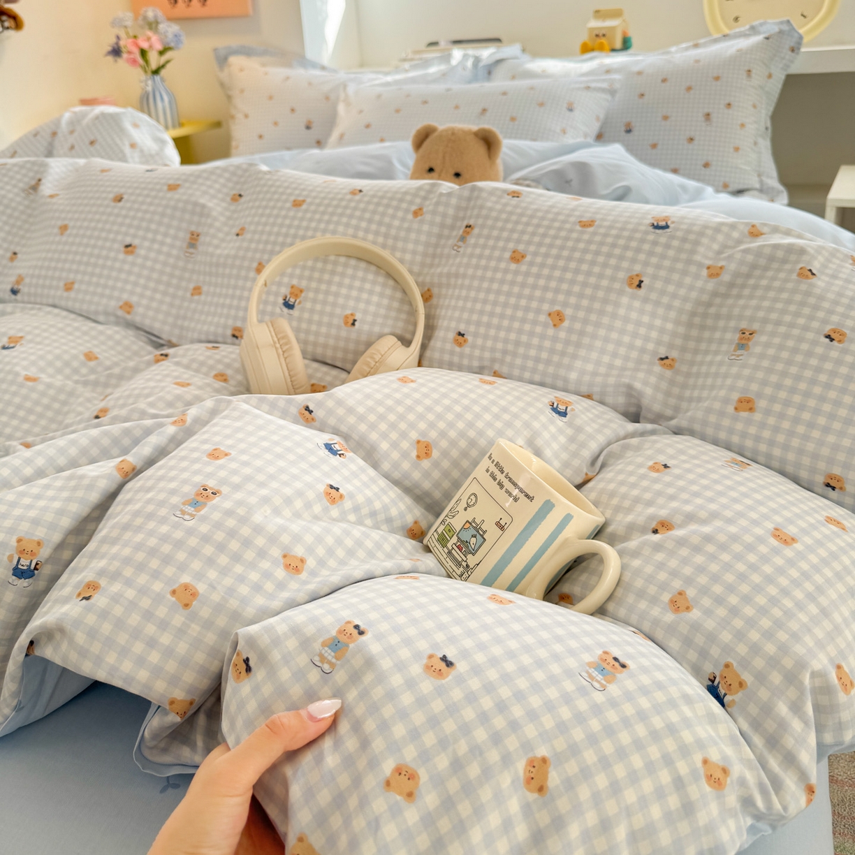91家纺网 家纺一手货源 找家纺 景眠 2026新款全棉13372小清新简单款四件套 格子熊-蓝