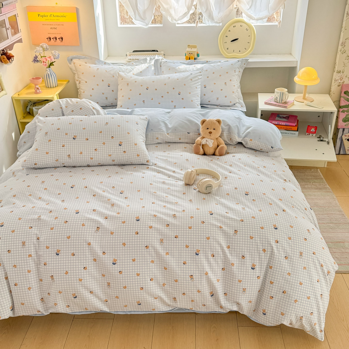 91家纺网 家纺一手货源 找家纺 景眠 2026新款全棉13372小清新简单款四件套 格子熊-蓝