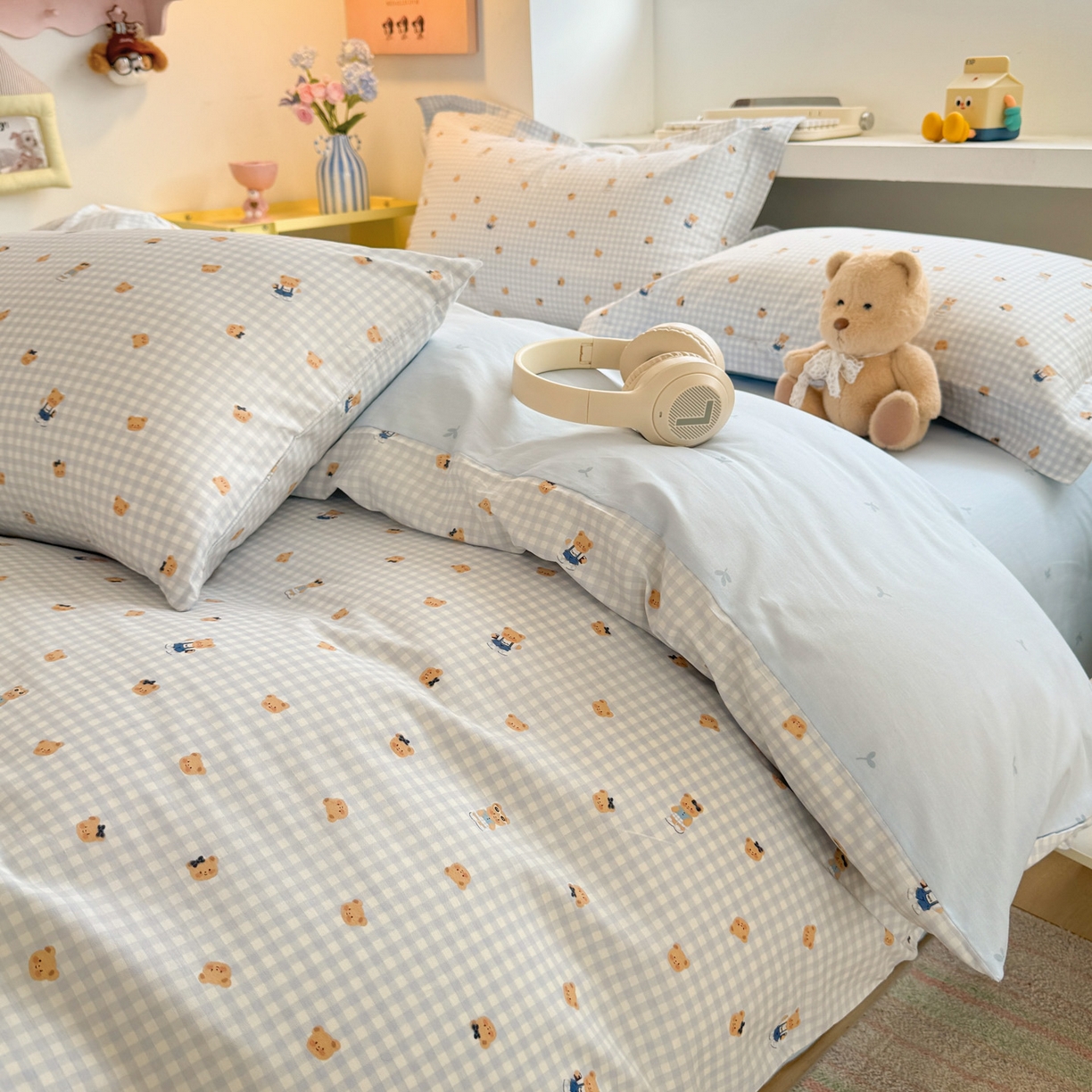 91家纺网 家纺一手货源 找家纺 景眠 2026新款全棉13372小清新简单款四件套 格子熊-蓝
