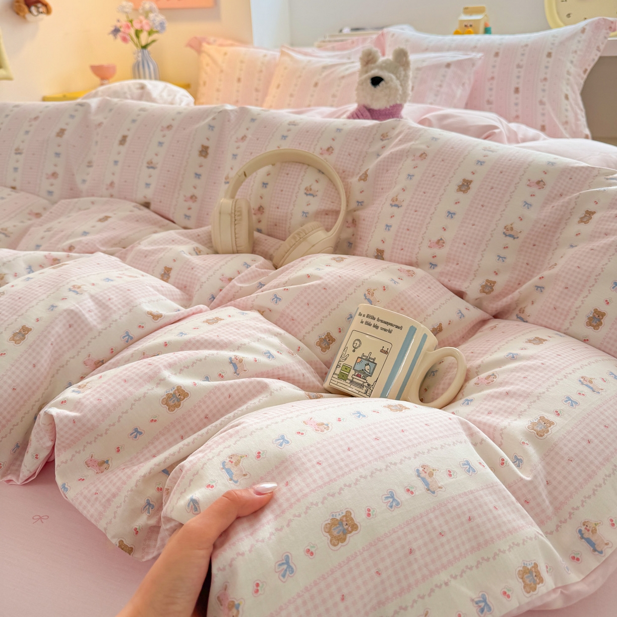 91家纺网 家纺一手货源 找家纺 景眠 2026新款全棉13372小清新简单款四件套 蝴蝶结熊