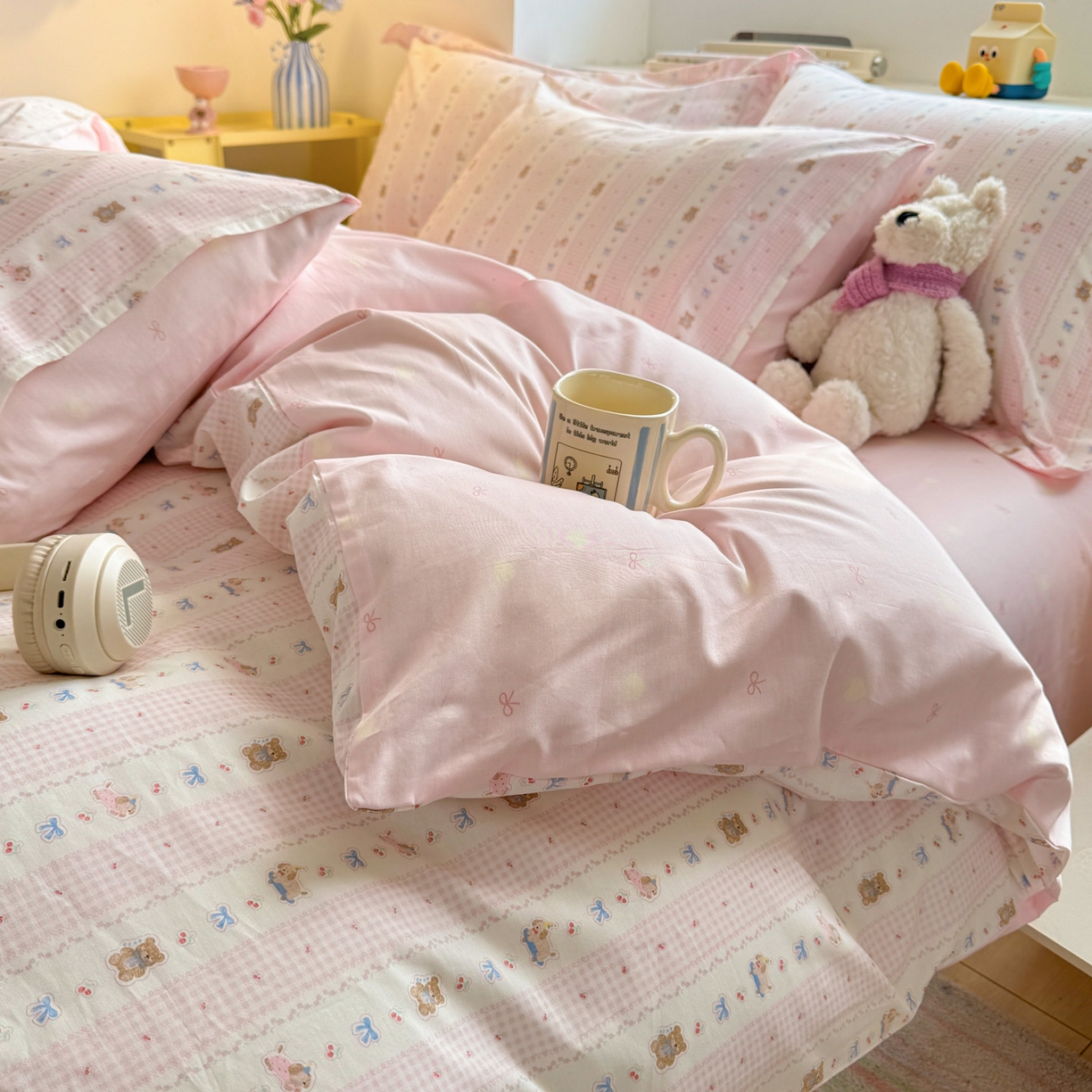 91家纺网 家纺一手货源 找家纺 景眠 2026新款全棉13372小清新简单款四件套 蝴蝶结熊