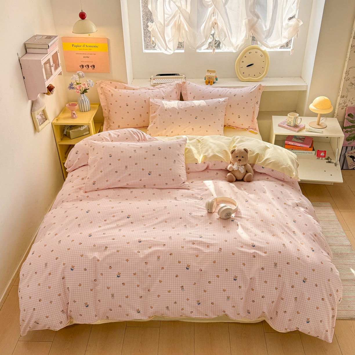 91家纺网 家纺一手货源 找家纺 景眠 2026新款全棉13372小清新简单款四件套 格子熊-粉