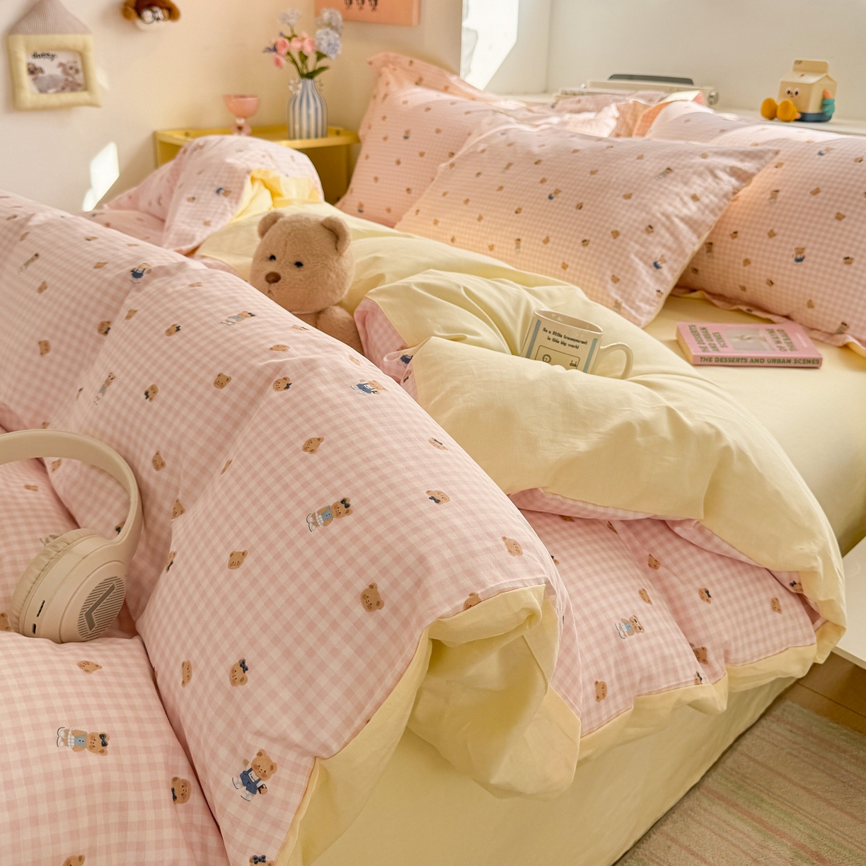 景眠 2026新款全棉13372小清新简单款四件套 格子熊-粉