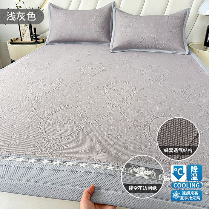 91家纺网 家纺一手货源 找家纺 （总）梦卡迪 2026新款A类提花凉感冰凉豆豆凉席镂空花边床笠床单可机洗双人软席子三件套