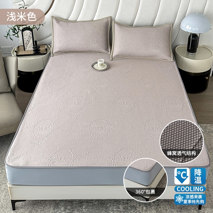 91家纺网 家纺一手货源 找家纺 （总）梦卡迪 2026新款A类提花凉感冰凉豆豆凉席镂空花边床笠床单可机洗双人软席子三件套