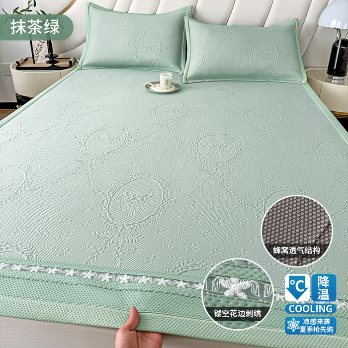 梦卡迪 2026新款A类提花凉感冰凉豆豆凉席镂空花边床笠床单可机洗双人软席子三件套 抹茶绿-凉席