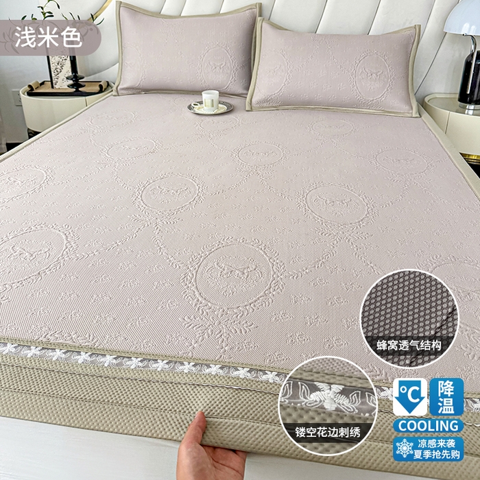 梦卡迪 2026新款A类提花凉感冰凉豆豆凉席镂空花边床笠床单可机洗双人软席子三件套 浅米色-凉席