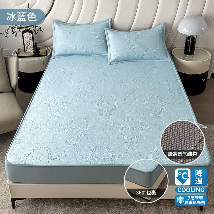 梦卡迪 2026新款A类提花凉感冰凉豆豆凉席镂空花边床笠床单可机洗双人软席子三件套 冰蓝色-床笠