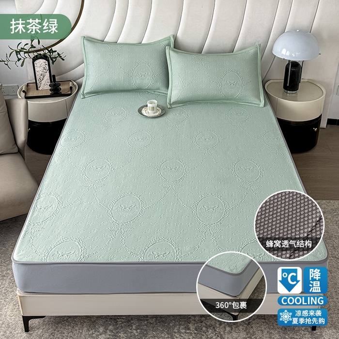 梦卡迪 2026新款A类提花凉感冰凉豆豆凉席镂空花边床笠床单可机洗双人软席子三件套 抹茶绿-床笠