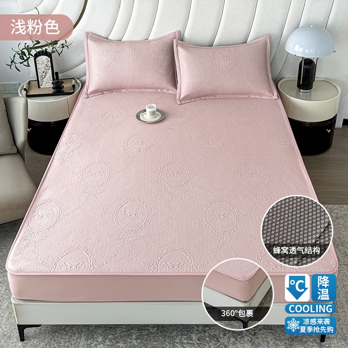 梦卡迪 2026新款A类提花凉感冰凉豆豆凉席镂空花边床笠床单可机洗双人软席子三件套 浅粉色-床笠