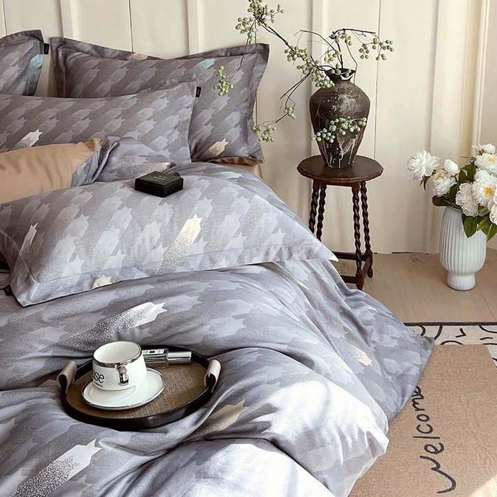 91家纺网 家纺一手货源 找家纺 梧桐树 2026新款全棉纯棉长绒棉数码印花系列四件套 S34千鸟格