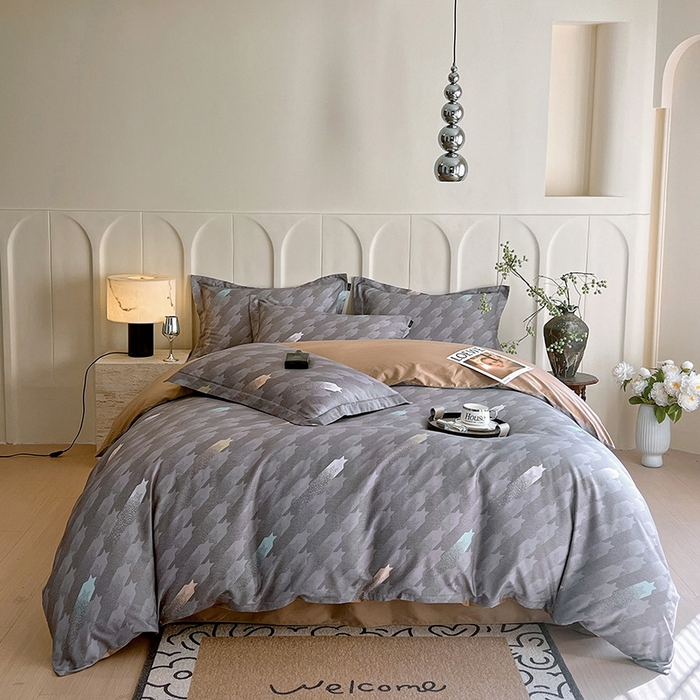 91家纺网 家纺一手货源 找家纺 梧桐树 2026新款全棉纯棉长绒棉数码印花系列四件套 S34千鸟格