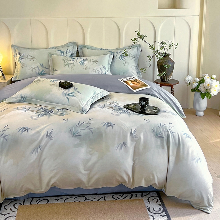 91家纺网 家纺一手货源 找家纺 梧桐树 2026新款全棉纯棉长绒棉数码印花系列四件套 S40竹影诗叶