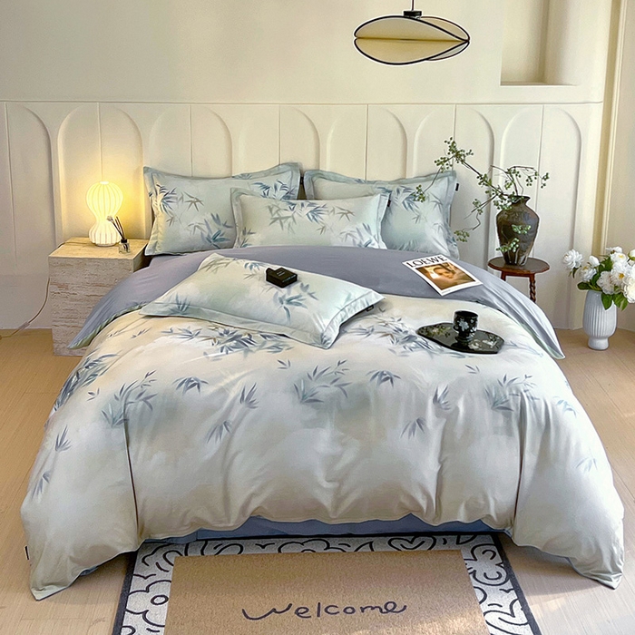 91家纺网 家纺一手货源 找家纺 梧桐树 2026新款全棉纯棉长绒棉数码印花系列四件套 S40竹影诗叶