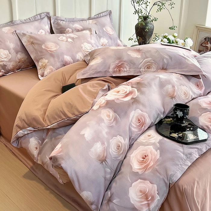 91家纺网 家纺一手货源 找家纺 梧桐树 2026新款全棉纯棉长绒棉数码印花系列四件套 S42韵彩咖