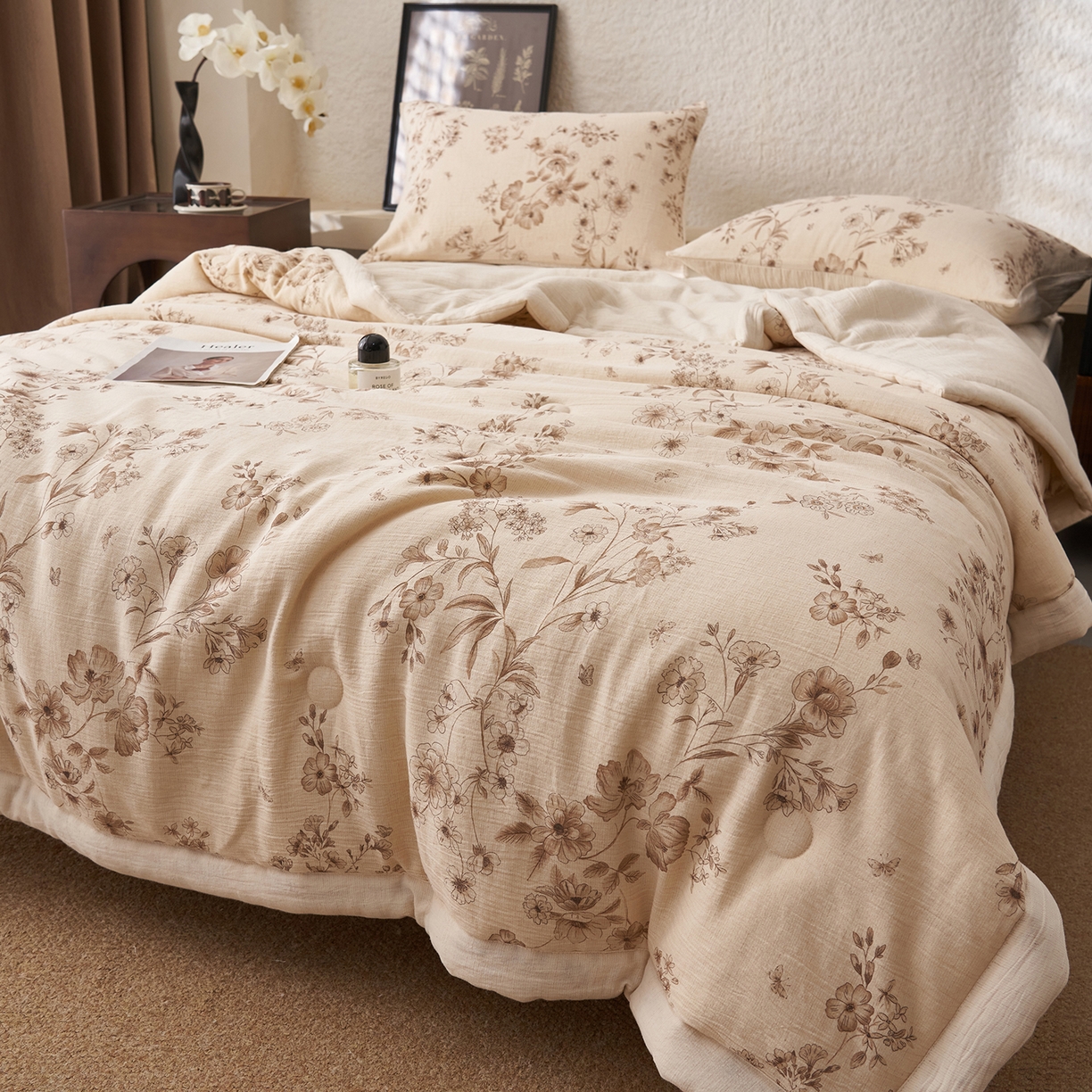 91家纺网 家纺一手货源 找家纺 吾诺家居 2026新款棉麻系列-棉麻印花棉花夏被 本色仙草