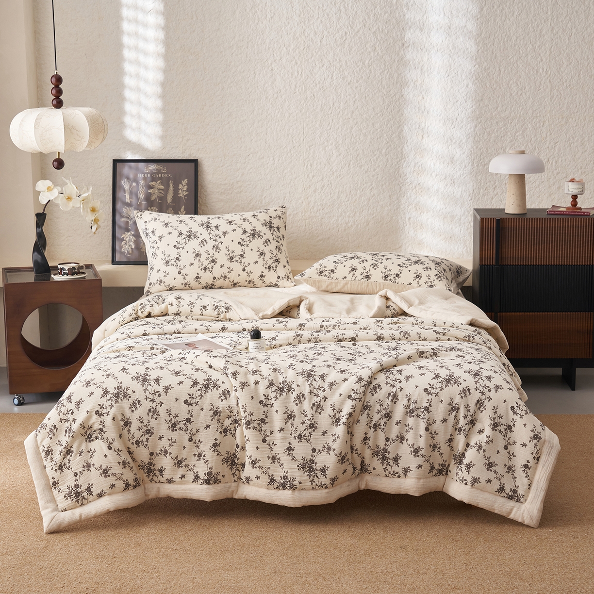 吾诺家居 2026新款棉麻系列-棉麻印花棉花夏被 花间觅影