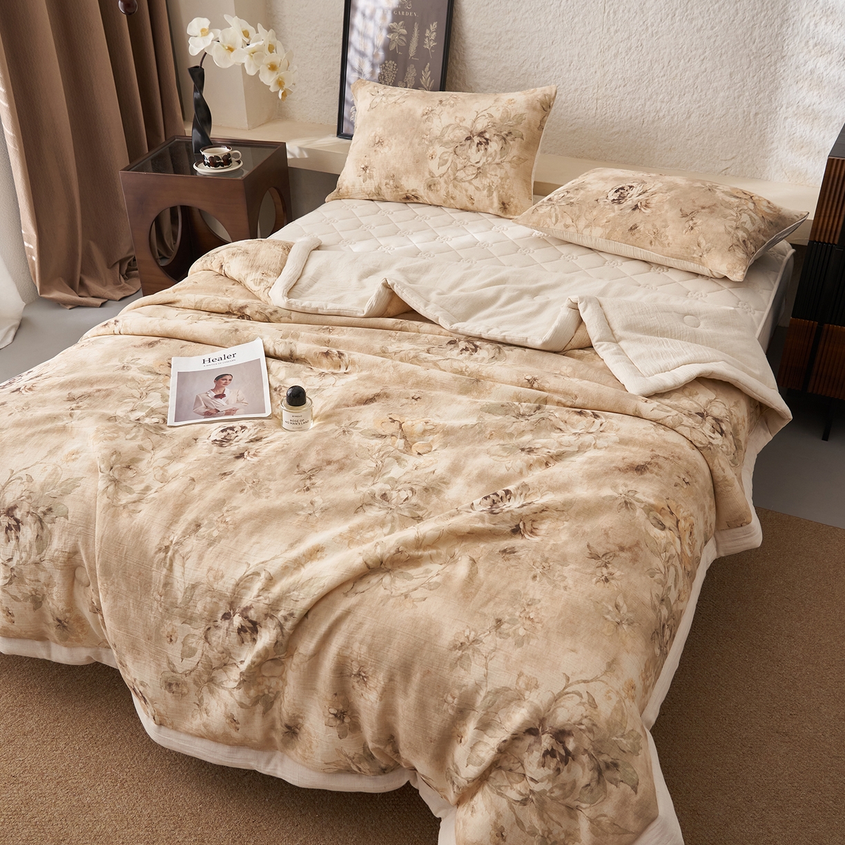 91家纺网 家纺一手货源 找家纺 吾诺家居 2026新款棉麻系列-棉麻印花棉花夏被 花漾