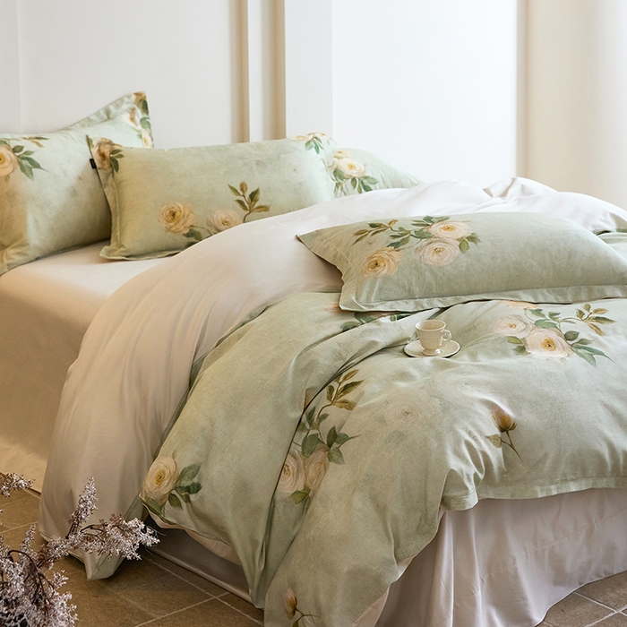 91家纺网 家纺一手货源 找家纺 梧桐树 2026新款全棉纯棉长绒棉数码印花系列四件套 S50莫奈花园绿