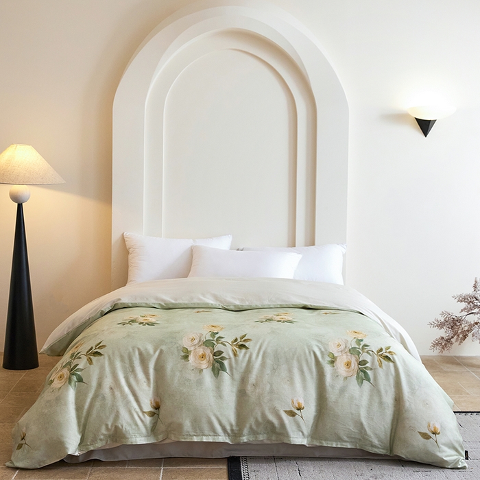 91家纺网 家纺一手货源 找家纺 梧桐树 2026新款全棉纯棉长绒棉数码印花系列四件套 S50莫奈花园绿